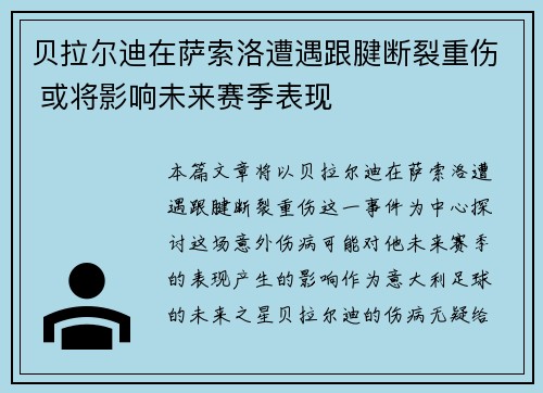 贝拉尔迪在萨索洛遭遇跟腱断裂重伤 或将影响未来赛季表现